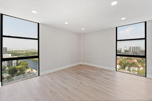 empty room with light hardwood / wood-style floors and floor to ceiling windows