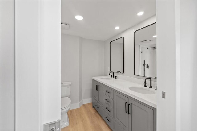 bathroom featuring vanity, toilet, and wood-type flooring