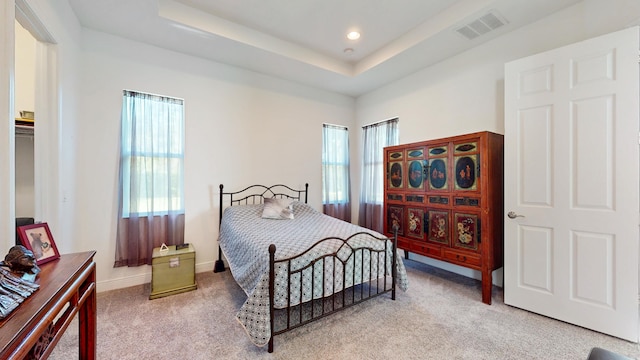 carpeted bedroom with a tray ceiling and multiple windows