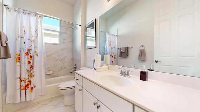 full bathroom with tile patterned flooring, vanity, toilet, and shower / bathtub combination with curtain