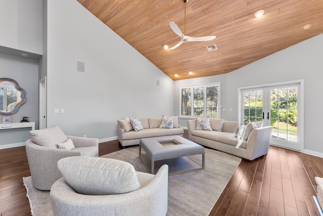 living room with ceiling fan, french doors, high vaulted ceiling, dark hardwood / wood-style floors, and wood ceiling