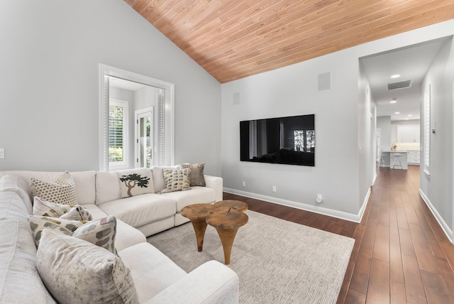 living room with dark hardwood / wood-style floors, wood ceiling, and high vaulted ceiling