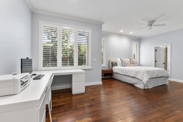 bedroom with ceiling fan, crown molding, and dark hardwood / wood-style floors