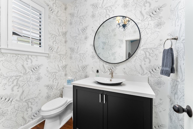 bathroom with vanity, hardwood / wood-style flooring, and toilet