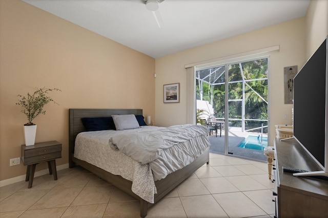 bedroom with access to exterior, light tile patterned floors, and ceiling fan