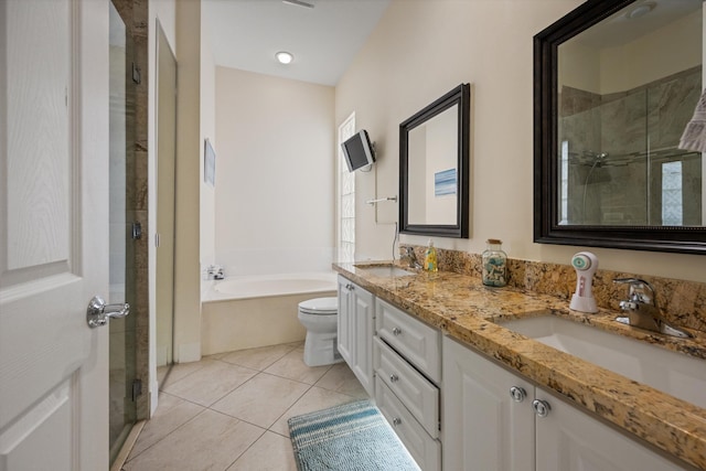 full bathroom with tile patterned flooring, vanity, toilet, and plus walk in shower