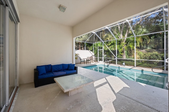 view of swimming pool with glass enclosure, an outdoor living space, and a patio