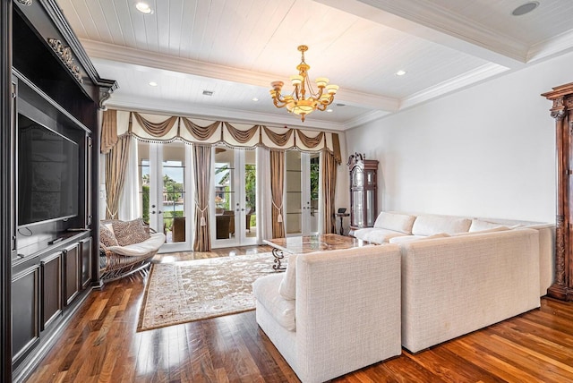 living room with french doors, wood ceiling, beam ceiling, a chandelier, and dark hardwood / wood-style floors