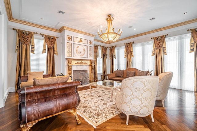 living area with a fireplace, an inviting chandelier, and ornamental molding