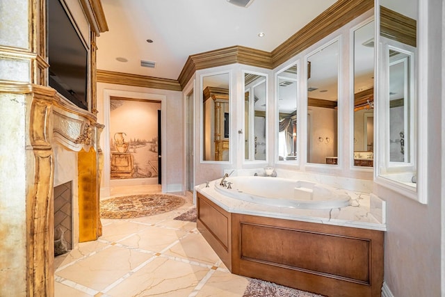 bathroom featuring a bath and crown molding