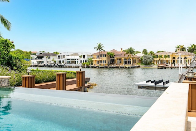 view of swimming pool with a boat dock and a water view