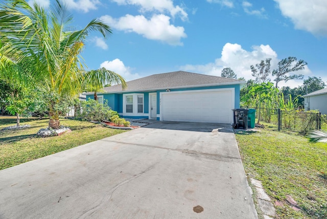 single story home featuring a garage and a front lawn