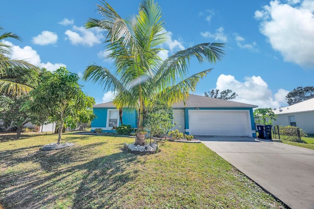 view of front of property featuring a front yard and a garage