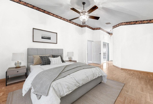 bedroom featuring light parquet flooring and ceiling fan