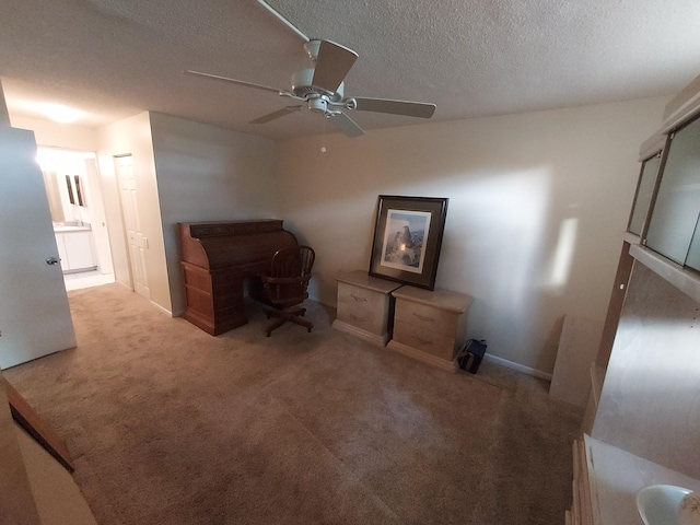 carpeted office space with ceiling fan and a textured ceiling