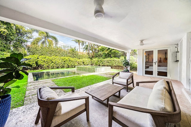 view of patio / terrace with french doors, an outdoor hangout area, and ceiling fan