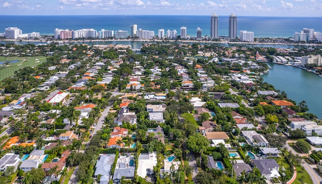 drone / aerial view featuring a water view