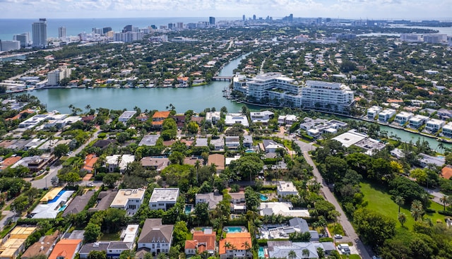 aerial view featuring a water view