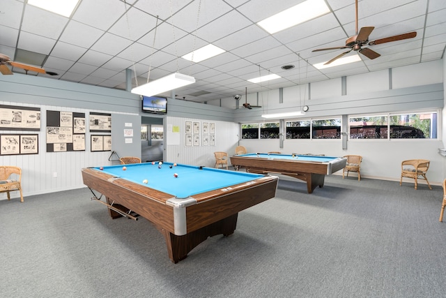 playroom featuring carpet flooring, a drop ceiling, and pool table