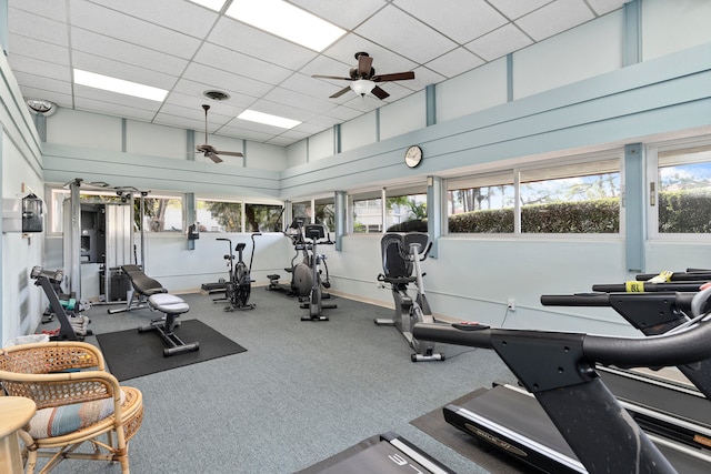 exercise room with a paneled ceiling, ceiling fan, a towering ceiling, and carpet