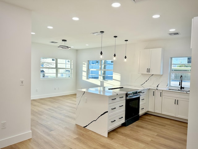 kitchen with a peninsula, a sink, visible vents, electric stove, and light wood-type flooring