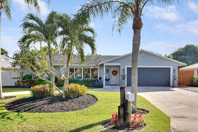 ranch-style home featuring a front yard and a garage