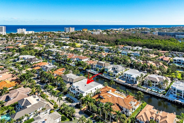 aerial view featuring a water view