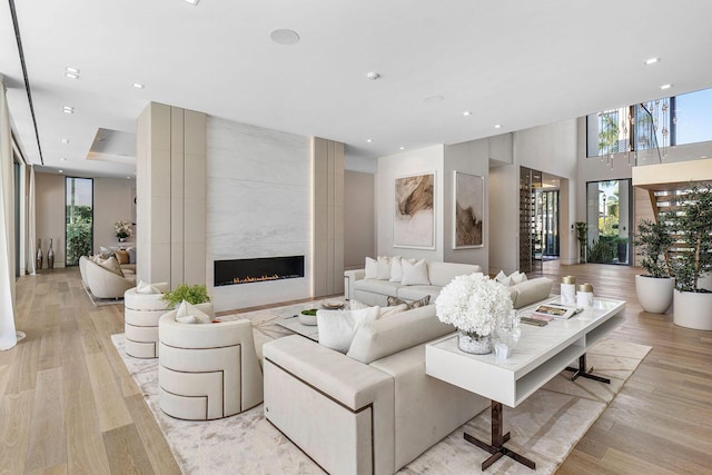 living room featuring a towering ceiling, a fireplace, and light hardwood / wood-style flooring