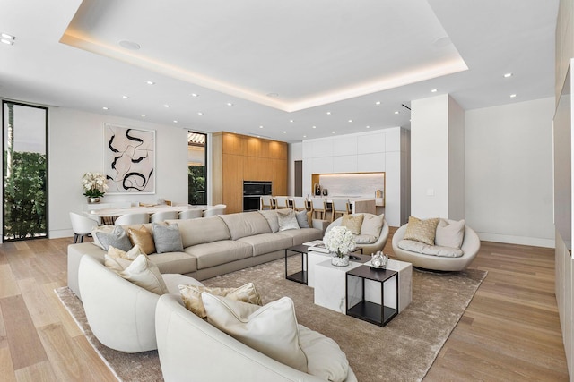 living room with a tray ceiling, light hardwood / wood-style flooring, and plenty of natural light