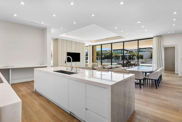 kitchen with a tray ceiling, white cabinetry, sink, and plenty of natural light