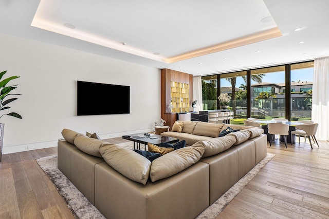 living room featuring a tray ceiling, light hardwood / wood-style flooring, and a wall of windows