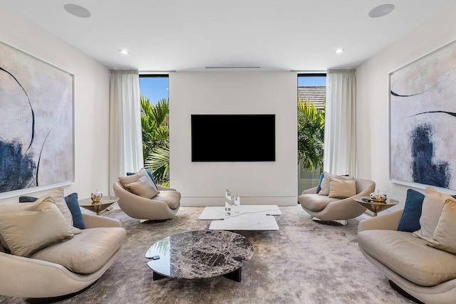 living room featuring carpet and expansive windows