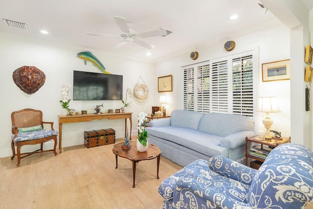 11282 Glen Oaks Ct Unit 31-C, North Palm Beach, FL 33408 - living area with wood finished floors, ornamental molding, ceiling fan, baseboards, and recessed lighting
