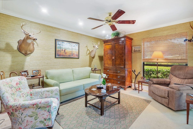 11282 Glen Oaks Ct Unit 31-C, North Palm Beach, FL 33408 - living area featuring ceiling fan, recessed lighting, crown molding, and light carpet