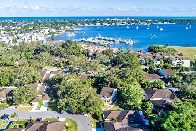 drone / aerial view with a water view