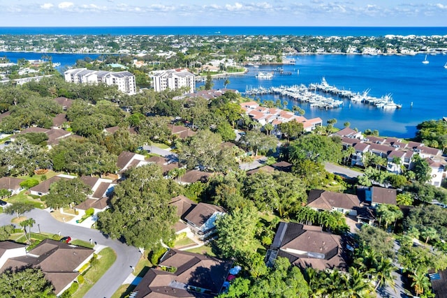 drone / aerial view featuring a water view