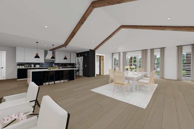 dining space featuring beam ceiling, sink, high vaulted ceiling, and light hardwood / wood-style floors