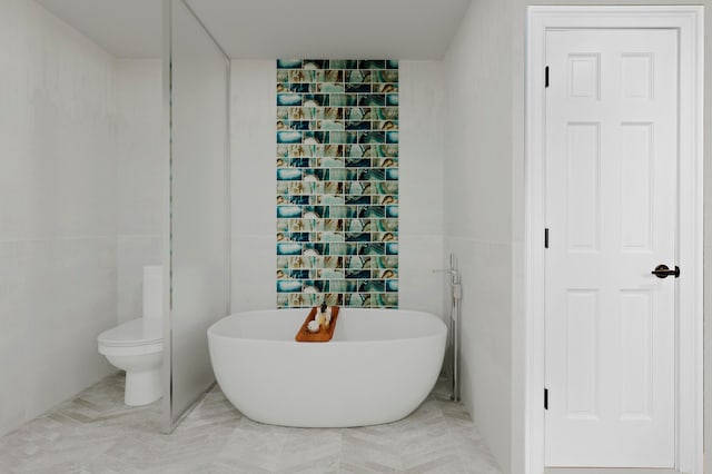 bathroom featuring a tub to relax in, tile patterned floors, and tile walls