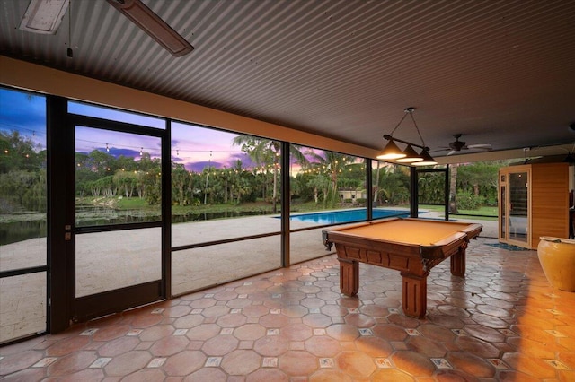 recreation room with pool table, a wealth of natural light, and ceiling fan