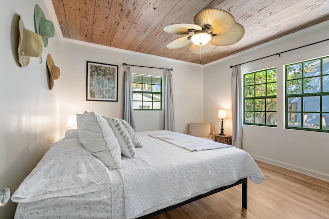 bedroom with multiple windows, ceiling fan, wooden ceiling, and light wood-type flooring