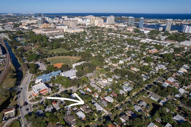 drone / aerial view featuring a water view