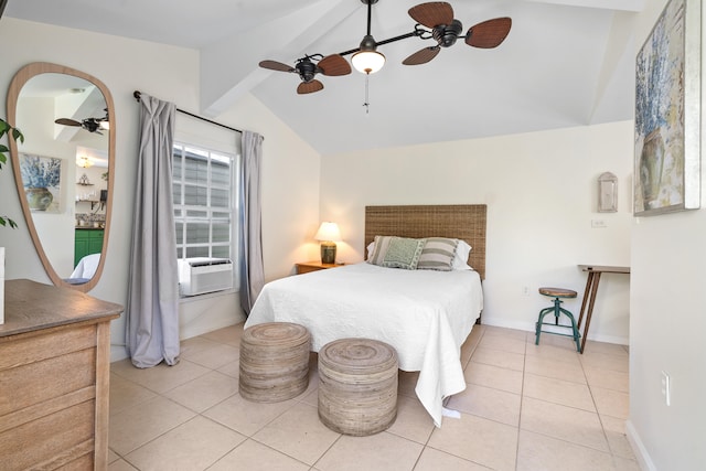 tiled bedroom featuring vaulted ceiling with beams and ceiling fan