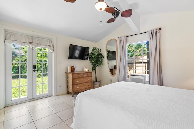 tiled bedroom featuring cooling unit, access to outside, ceiling fan, and lofted ceiling