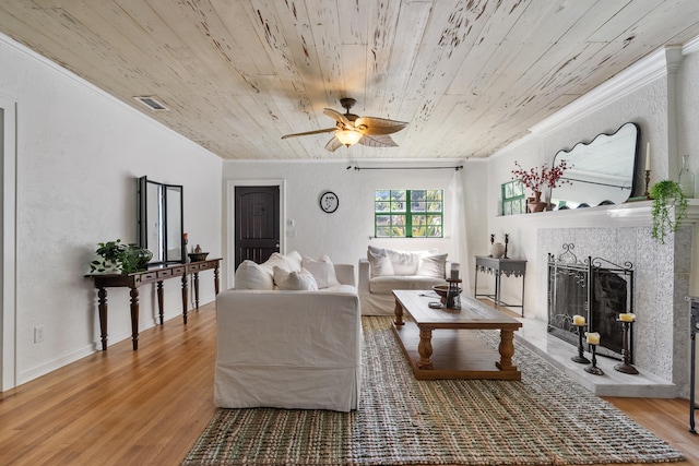 living room featuring hardwood / wood-style flooring, wooden ceiling, and ornamental molding