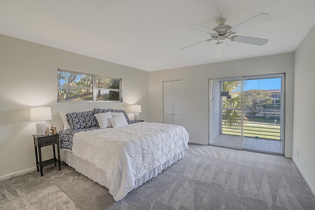 bedroom featuring access to exterior, a closet, ceiling fan, and light colored carpet