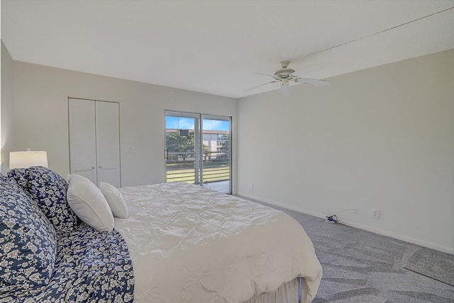 bedroom featuring carpet, a closet, and ceiling fan