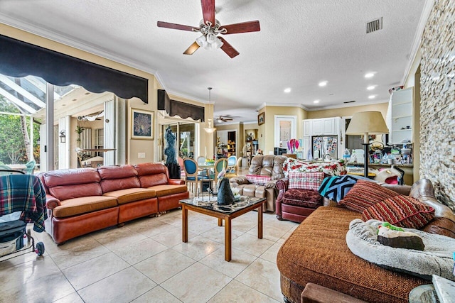 7580 Red River Rd, West Palm Beach, FL 33411 - living area with a ceiling fan, a textured ceiling, crown molding, and light tile patterned flooring