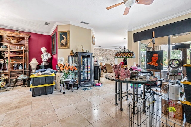 interior space with crown molding and ceiling fan