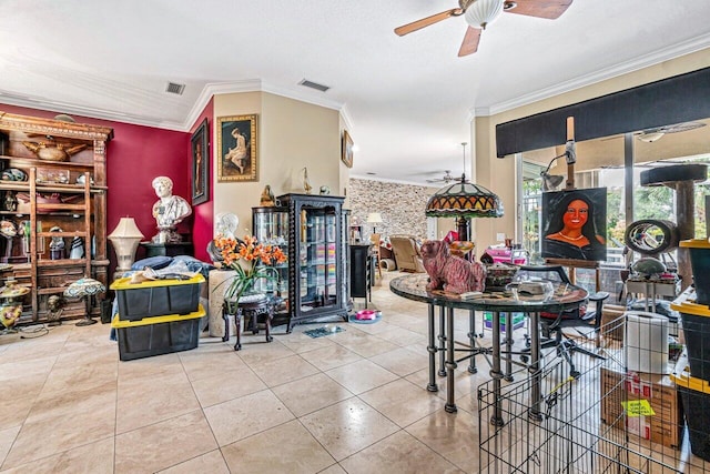 7580 Red River Rd, West Palm Beach, FL 33411 - dining area with crown molding, a ceiling fan, and tile patterned flooring