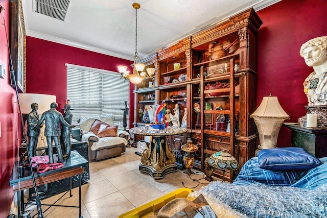 interior space with light tile patterned floors, crown molding, and an inviting chandelier